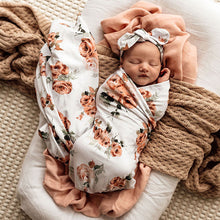 Load image into Gallery viewer, Snuggle Hunny Rosebud Baby Jersey Wrap &amp; Topknot Set

