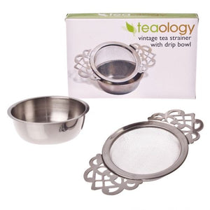 Teaology Stainless Steel Vintage Tea Strainer With Drip Bowl